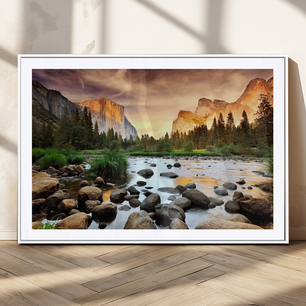 90956031-MGC-FP-36x24_White-Yosemite Valley Wall Art – Scenic Mountain River Landscape Canvas Print, Nature Photography for Living Room, Bedroom, Cabin,