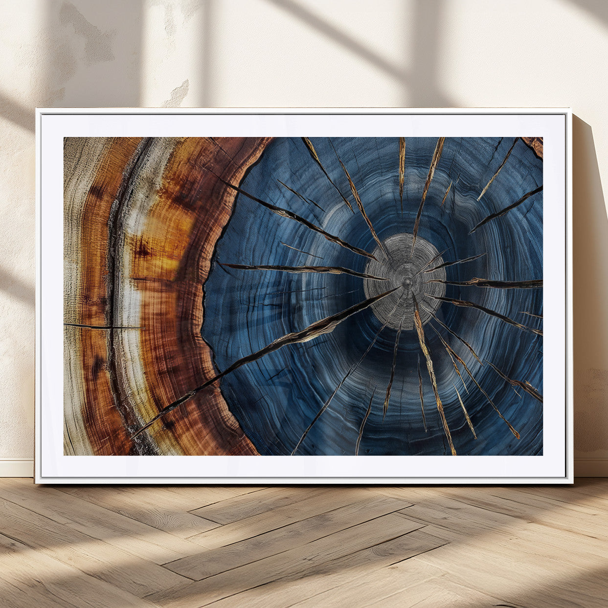 45268471-MGC-FP-36x24_White-Blue Tree Ring Wall Art – Rustic Wood Cross Section Canvas Print, Modern Abstract Nature Decor for Living Room, Office, or Cabin