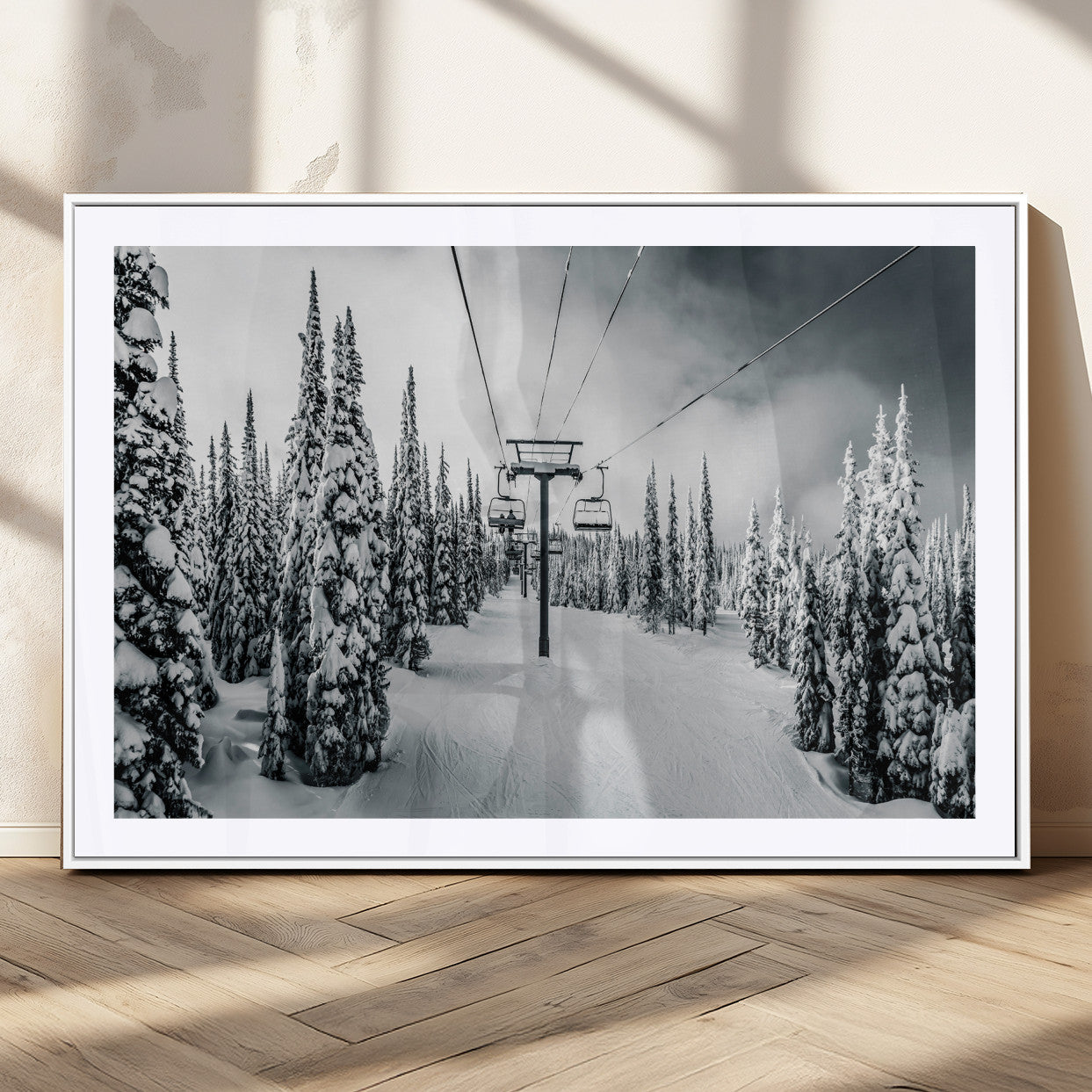 31156828-MGC-FP-36x24_White-Snowy Pines Wall Art Canvas Print, Framed Ski Lift Art Picture Print, Winter Forest Perfect Moody Lodge Decor Artwork