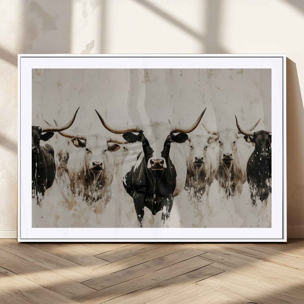 12027562-MGC-FP-36x24_White-Longhorn Cattle Wall Art Canvas Print, Framed Bison Herd Art Picture Print, Cattle Group Perfect Rustic Farmhouse Decor Artwork