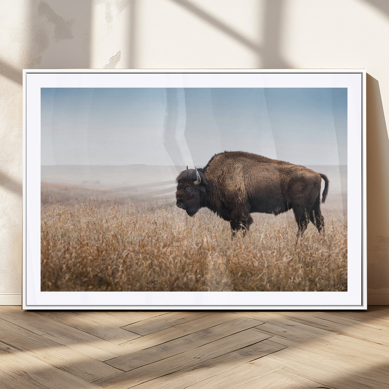 91267849-MGC-FP-36x24_White-Wild Bison Wall Art Canvas Print, Framed Bison in Prairie Art Picture Print, Rustic Western Perfect Rustic Western Decor Artwork