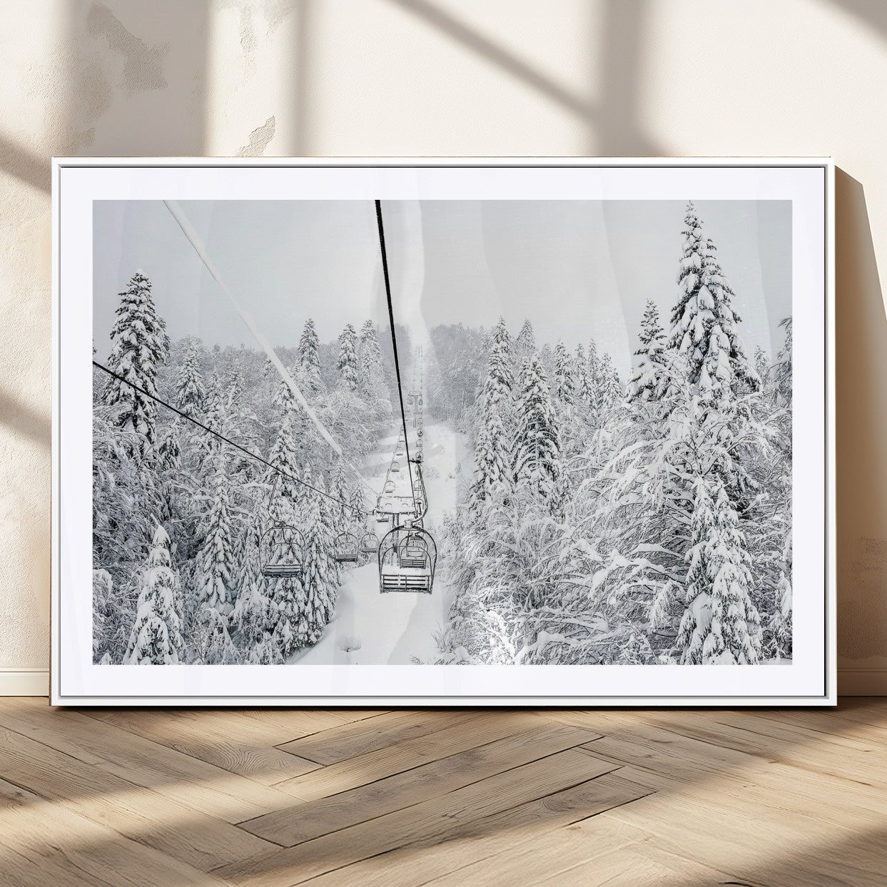 60296839-MGV-CV-36X24-Snowy Mountains Wall Art Canvas Print, Framed Ski Lift Art Picture Print, Winter Forest Perfect Winter Minimalist Decor Artwork
