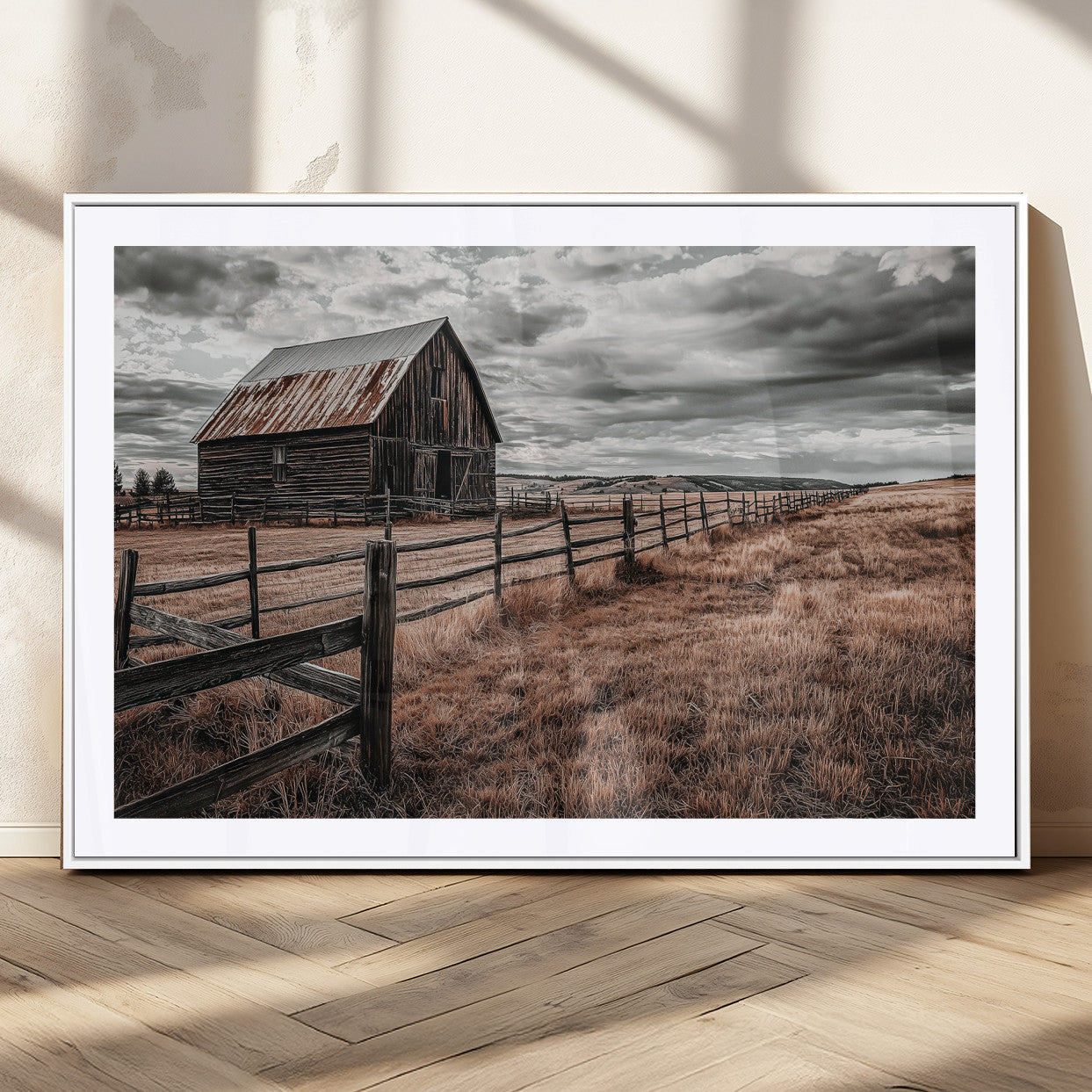73898372-MGV-CV-36X24-Rustic Barn Wall Art Canvas Print, Framed Moody Field Art Picture Print, Weathered Fence Perfect Moody Farmhouse Decor Artwork