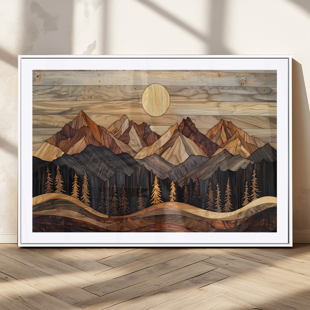 50100230-MGC-FP-36x24_White-Wooden Mountain Wall Art – Rustic Nature Landscape Canvas Print, Handmade Style Sun, Forest, and Peaks Artwork for Living Room,