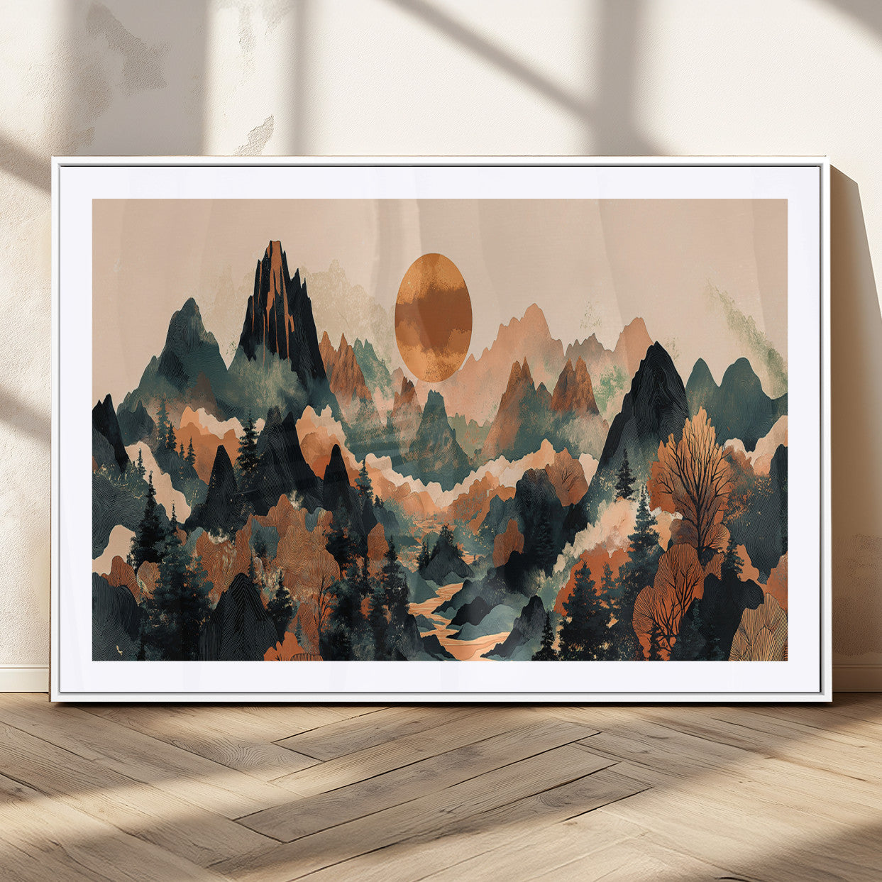 13012770-MGV-CV-36X24-Mountain Landscape Wall Art – Modern Nature Canvas Print with Sun, Misty Peaks, and Forest in Orange and Green Tones for Living