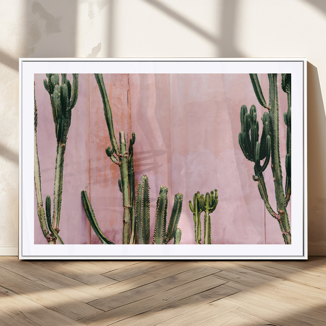 93119502-MGC-FP-36x24_White-Tall Cactus Wall Art Canvas Print, Framed Pink Wall Art Picture Print, Cactus Lines Perfect Modern Desert Decor Artwork