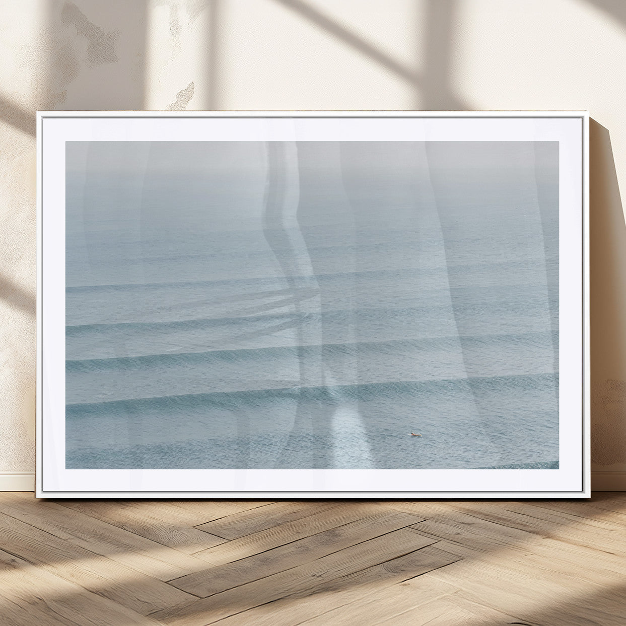 47814787-MGC-FP-36x24_White-Ocean Waves Wall Art Canvas Print, Framed Solo Surfer Art Picture Print, Wave Lines Perfect Minimalist Ocean Decor Artwork