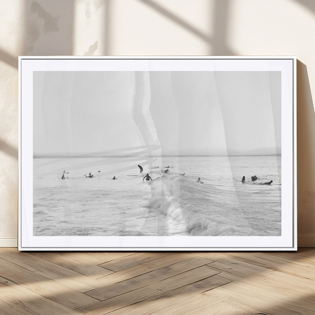 33449548-MGC-FP-36x24_White-Group Surfers Wall Art Canvas Print, Framed Ocean Wave Art Picture Print, Surf Crowd Perfect Monochrome Surf Decor Artwork