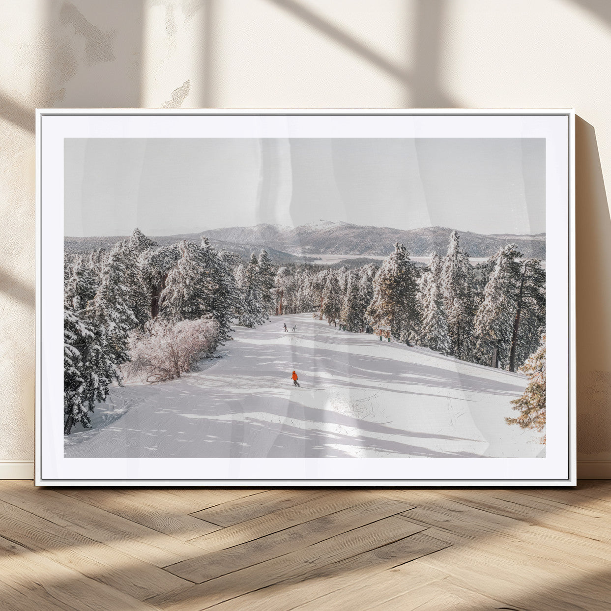 62119206-MGC-FP-36x24_White-Snowy Trail Wall Art Canvas Print, Framed Ski Slope Art Picture Print, Winter Pines Perfect Alpine Adventure Decor Artwork