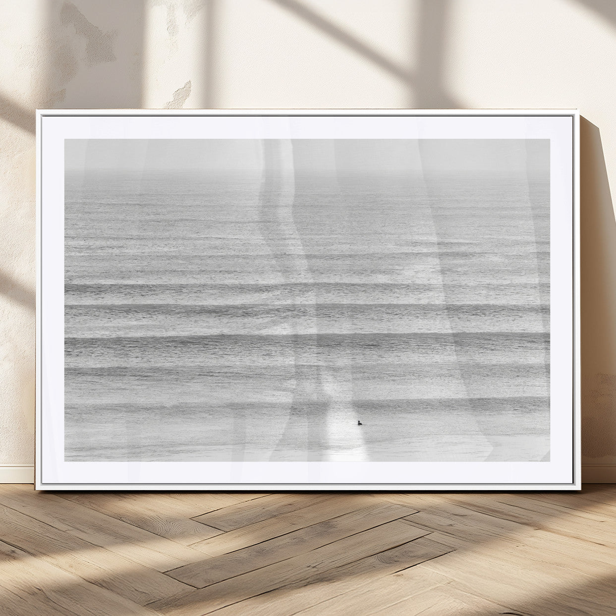66534476-MGC-FP-36x24_White-Lone Surfer Wall Art Canvas Print, Framed Ocean Waves Art Picture Print, Minimal Sea Perfect Minimal Coastal Decor Artwork