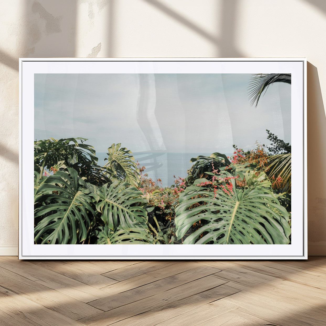 45700479-MGC-FP-36x24_White-Monstera Leaves Wall Art Canvas Print, Framed Tropical Ocean Art Picture Print, Tropical Foliage Perfect Tropical Coastal Jungle
