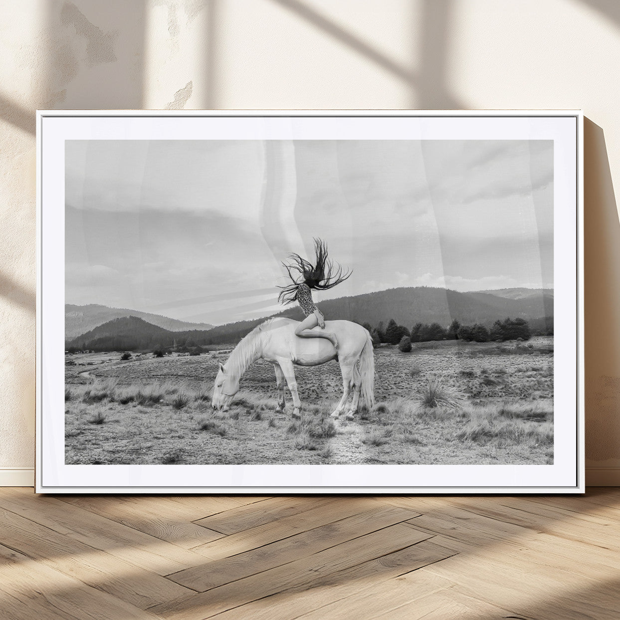 62789800-MGC-FP-36x24_White-White Horse Wall Art Canvas Print, Framed Woman Rider Art Picture Print, Equestrian Pose Perfect Western Boho Decor Artwork