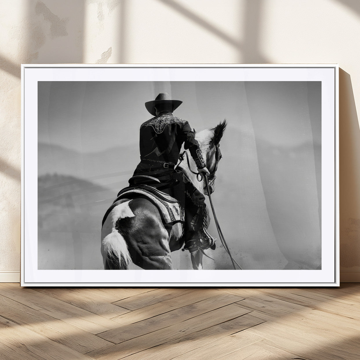 83102464-MGC-FP-36x24_White-Western Cowboy Wall Art Canvas Print, Framed Monochrome Horse Art Picture Print, Western Equestrian Perfect Rustic Western Decor