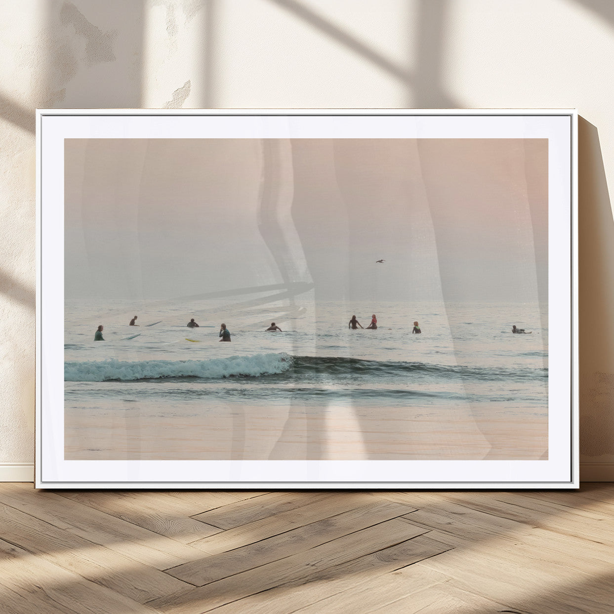 98888919-MGC-FP-36x24_White-Pastel Ocean Wall Art Canvas Print, Framed Soft Sunset Swimming Art Picture Print, Calm Sea Horizon Perfect Soft Coastal