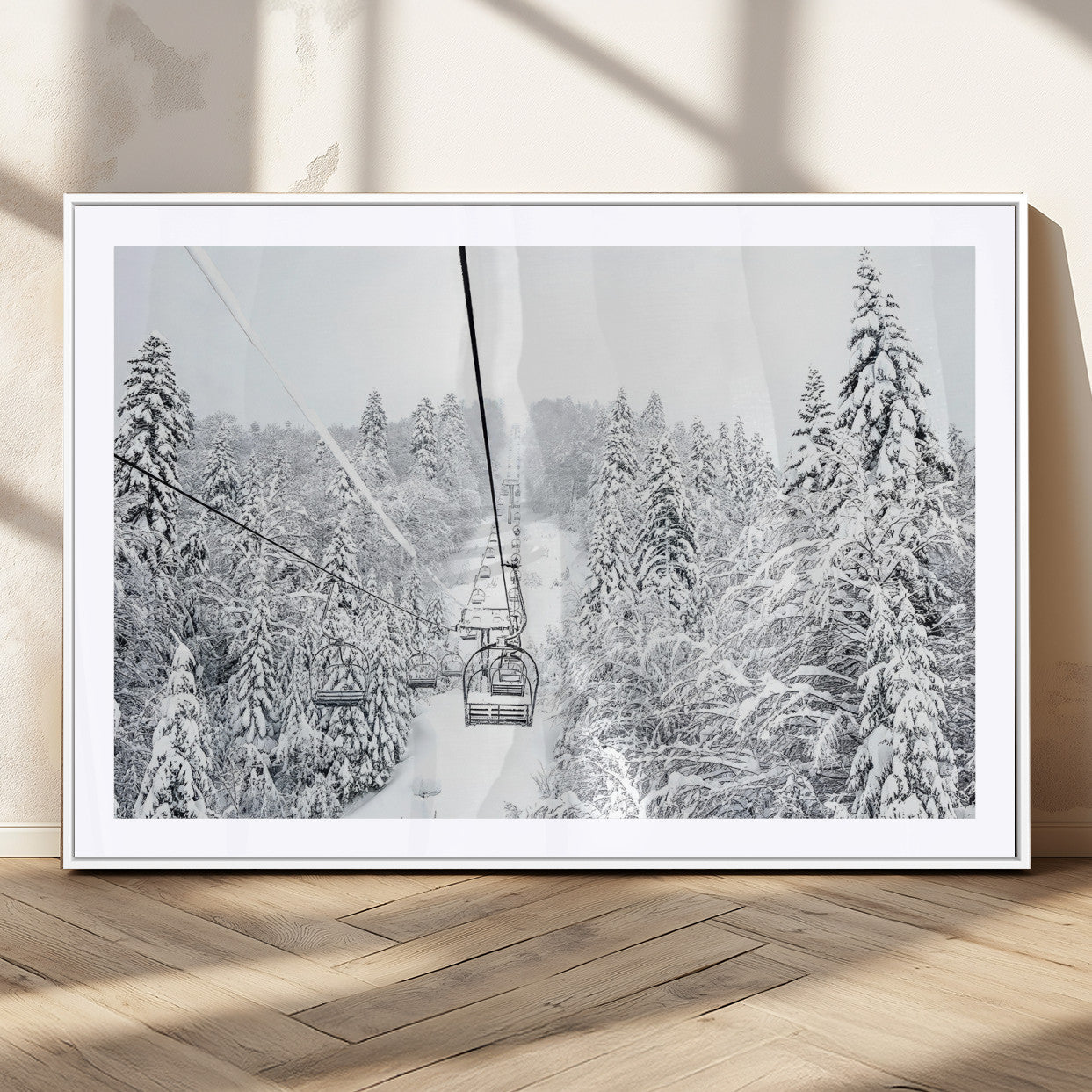 44705668-MGC-FP-36x24_White-Winter Forest Wall Art Canvas Print, Framed Snowy Forest Art Picture Print, Ski Lift Perfect Scandinavian Decor Artwork
