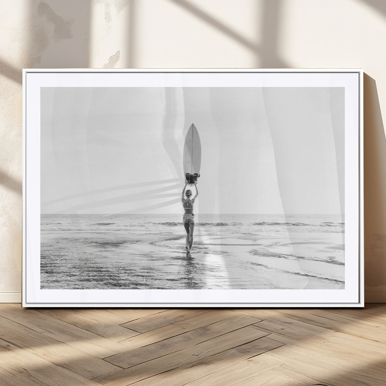 98446901-MGC-FP-36x24_White-Monochrome Surf Wall Art Canvas Print, Framed Minimalist Surfer Art Picture Print, Surfboard Silhouette Perfect Coastal Minimalist