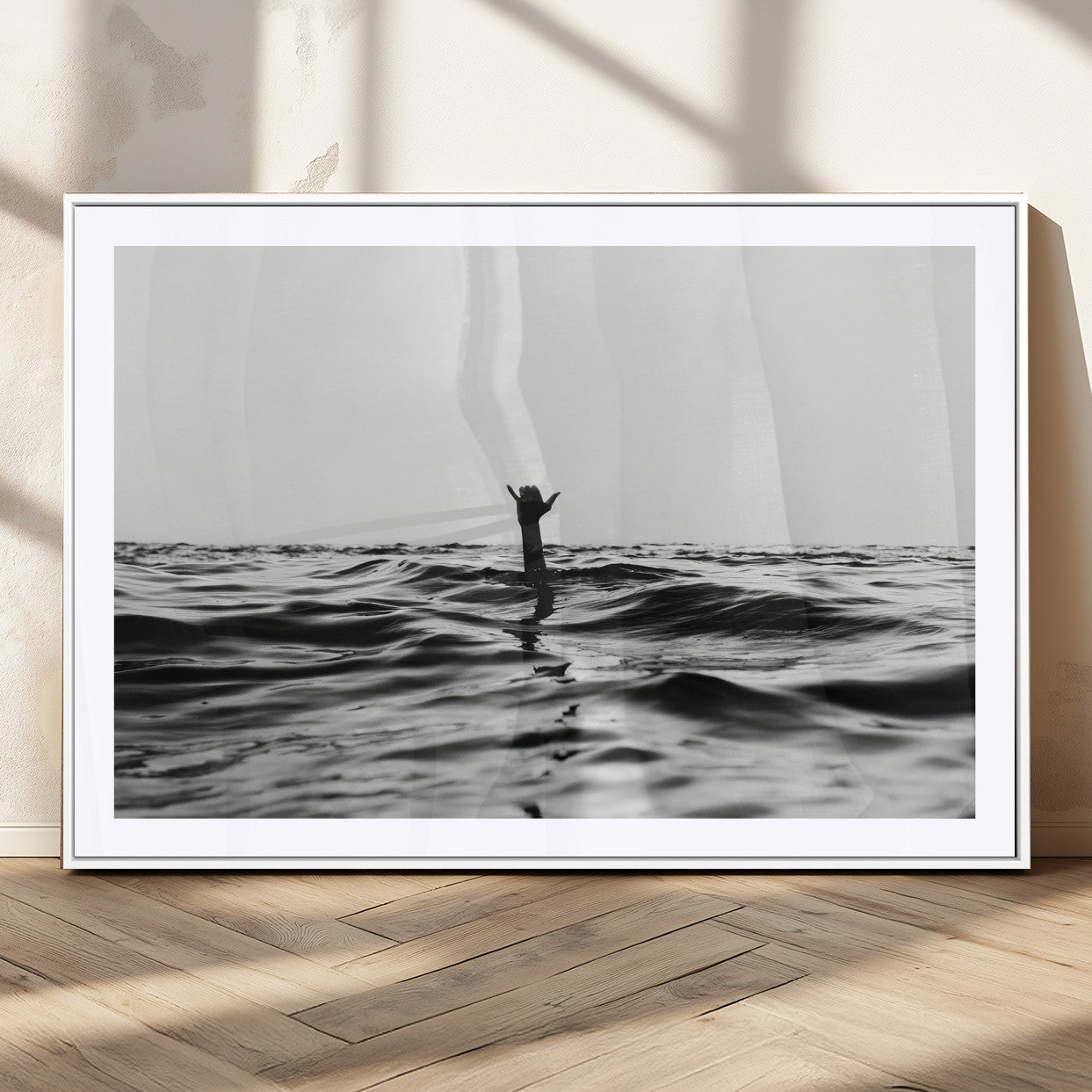 69541918-MGC-FP-36x24_White-Black White Ocean Wall Art Canvas Print, Framed Moody Seascape Art Picture Print, Surfer Sign Perfect Moody Minimalist Decor
