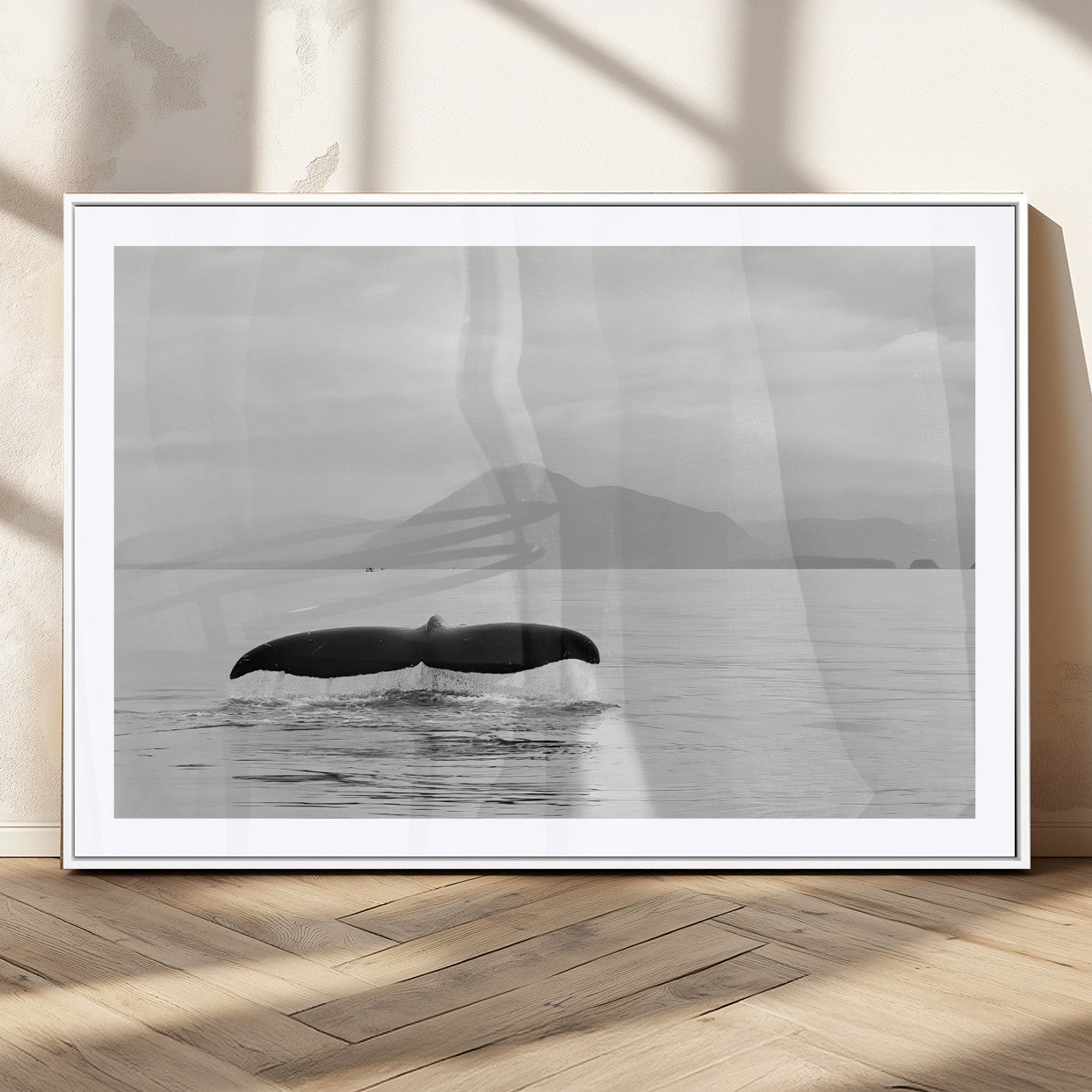 30524220-MGC-FP-36x24_White-Whale Tail Wall Art Canvas Print, Framed Black White Ocean Art Picture Print, Calm Marine Perfect Minimalist Coastal Decor Artwork