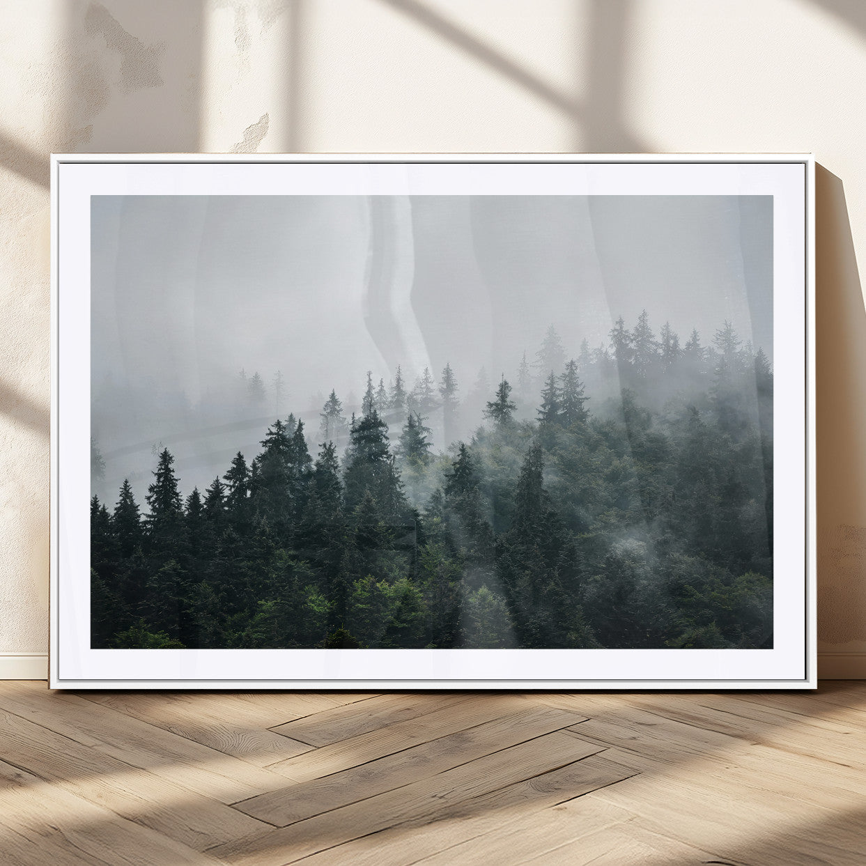 84146572-MGC-FP-36x24_White-Foggy Pine Trees Wall Art Canvas Print, Framed Forest Nature Art Picture Print, Evergreen Forest Perfect Scandinavian Minimalist