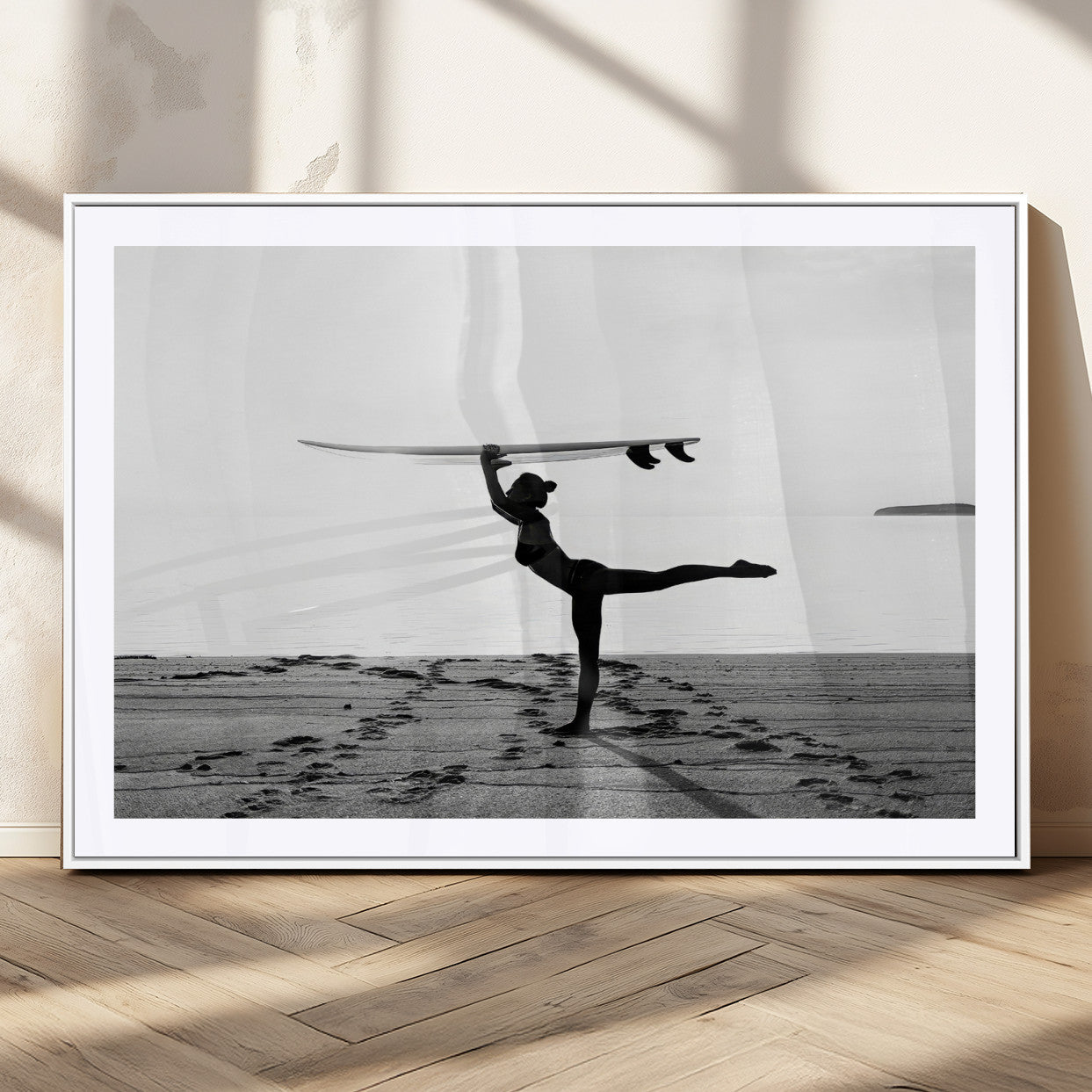 28441356-MGC-FP-36x24_White-Yoga Surf Wall Art Canvas Print, Framed Black White Shore Art Picture Print, Peaceful Ocean Perfect Minimalist Coastal Decor