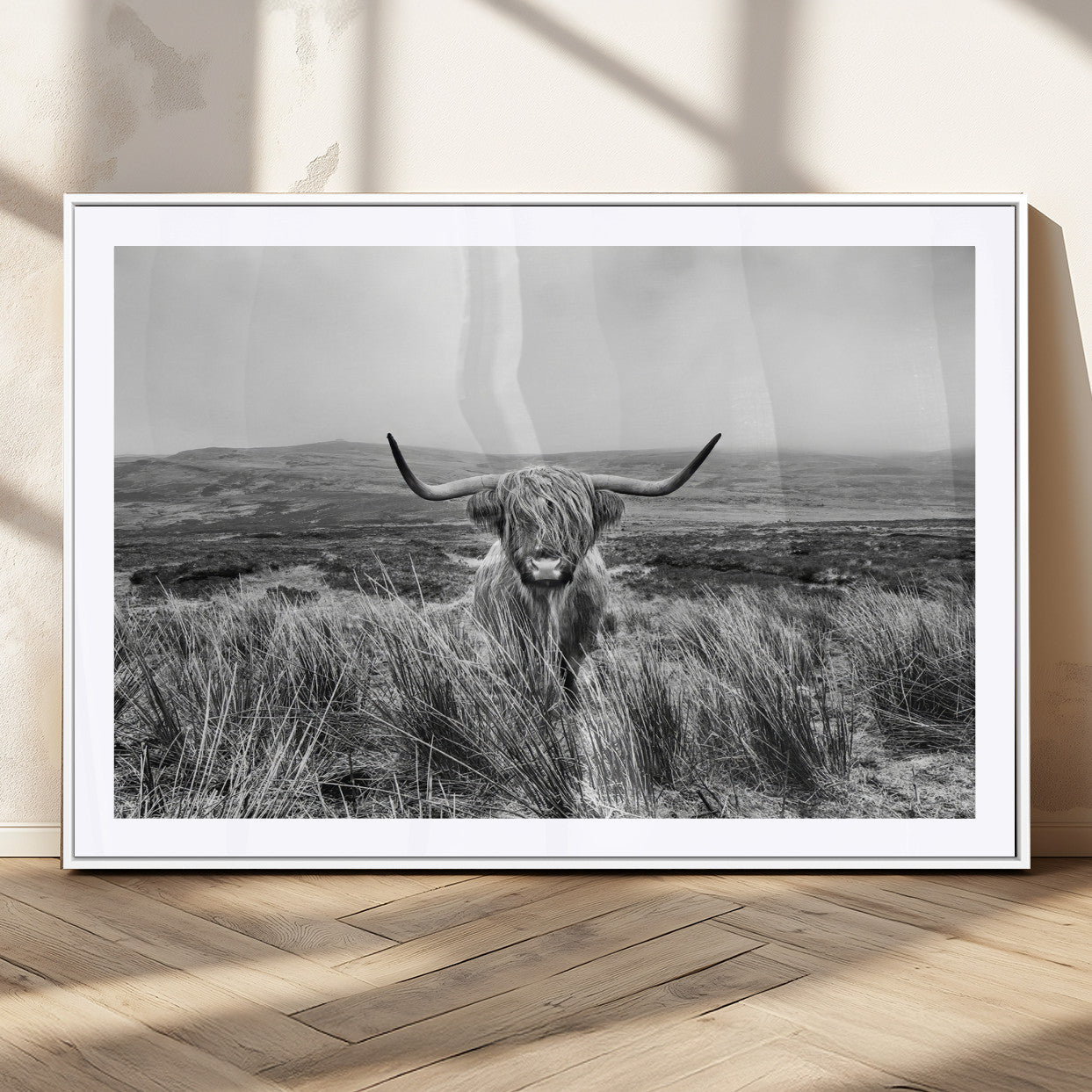 24051061-MGC-FP-36x24_White-Monochrome Highland Cow Wall Art Canvas Print, Framed Scottish Bull Art Picture Print, Lone Cattle Perfect Rustic Farmhouse Decor