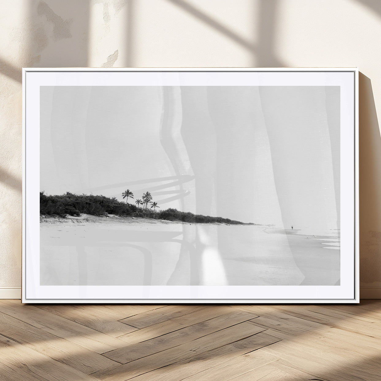29611516-MGC-FP-36x24_White-Black White Beach Wall Art Canvas Print, Framed Palm Trees Art Picture Print, Monochrome Tropical Perfect Minimalist Coastal Decor
