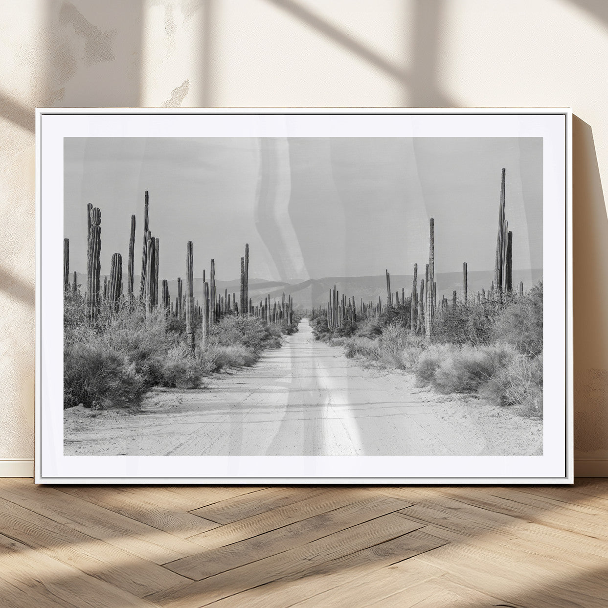 35537313-MGC-FP-36x24_White-Monochrome Desert Wall Art Canvas Print, Framed Cactus Path Art Picture Print, Southwestern Landscape Perfect Southwestern