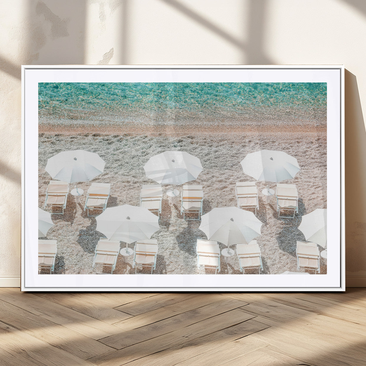 83736167-MGC-FP-36x24_White-Calm Beach Wall Art Canvas Print, Framed Turquoise Water Art Picture Print, Umbrella Shoreline Perfect Coastal Minimalist Decor