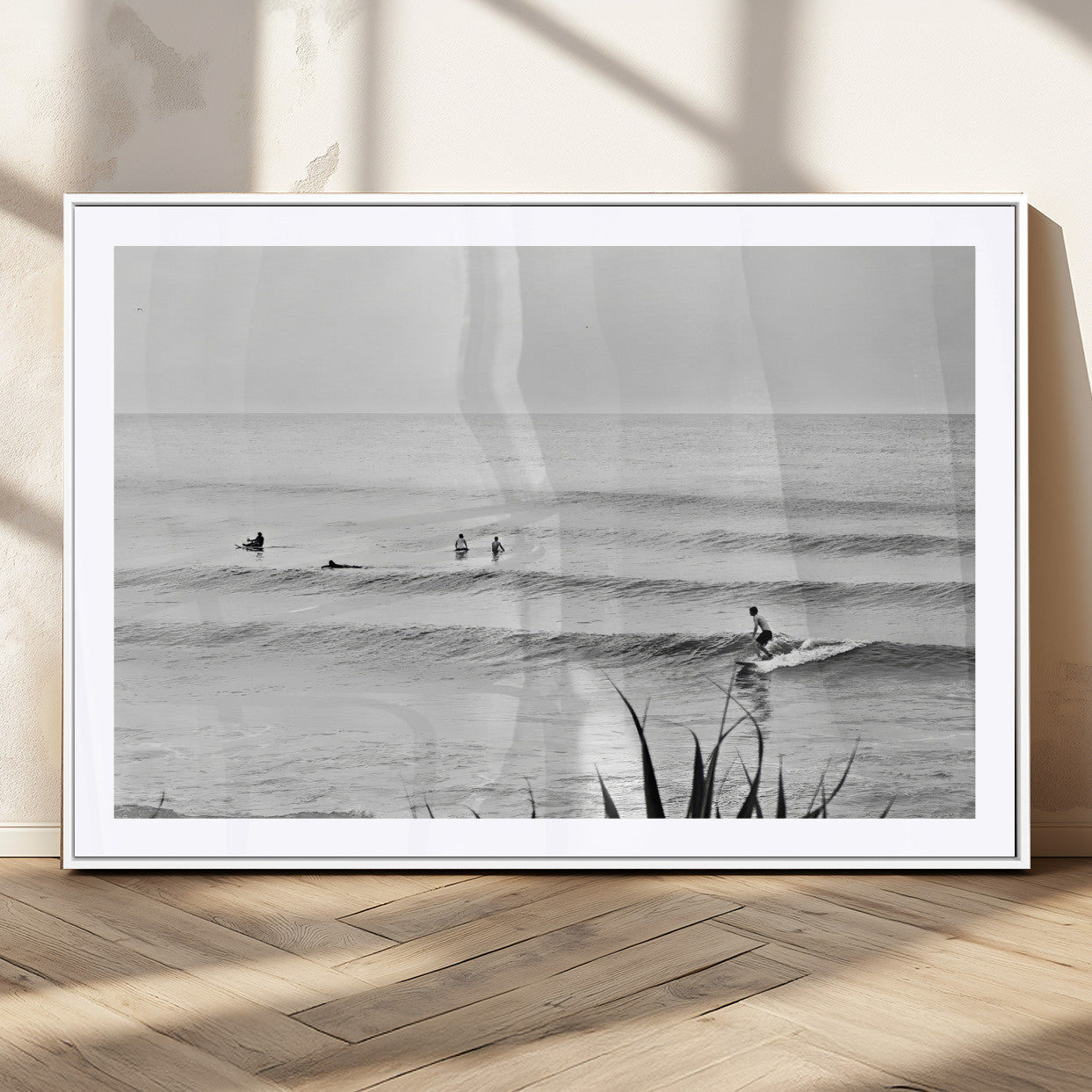 33821421-MGC-FP-36x24_White-Surfer Silhouette Wall Art Canvas Print, Framed Calm Ocean Art Picture Print, Monochrome Surf Perfect Minimalist Coastal Decor