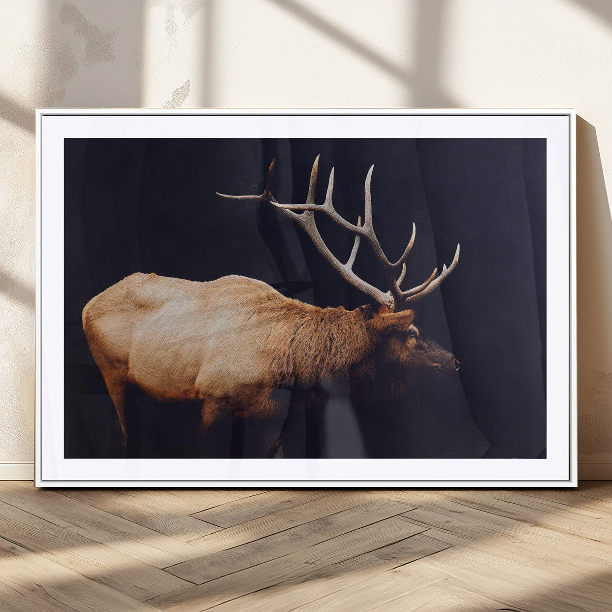 91871131-MGC-FP-36x24_White-Rustic Elk Art Wall Art Canvas Print, Framed Moody Wildlife Decor Art Picture Print, Western Animal Print Perfect Western Lodge