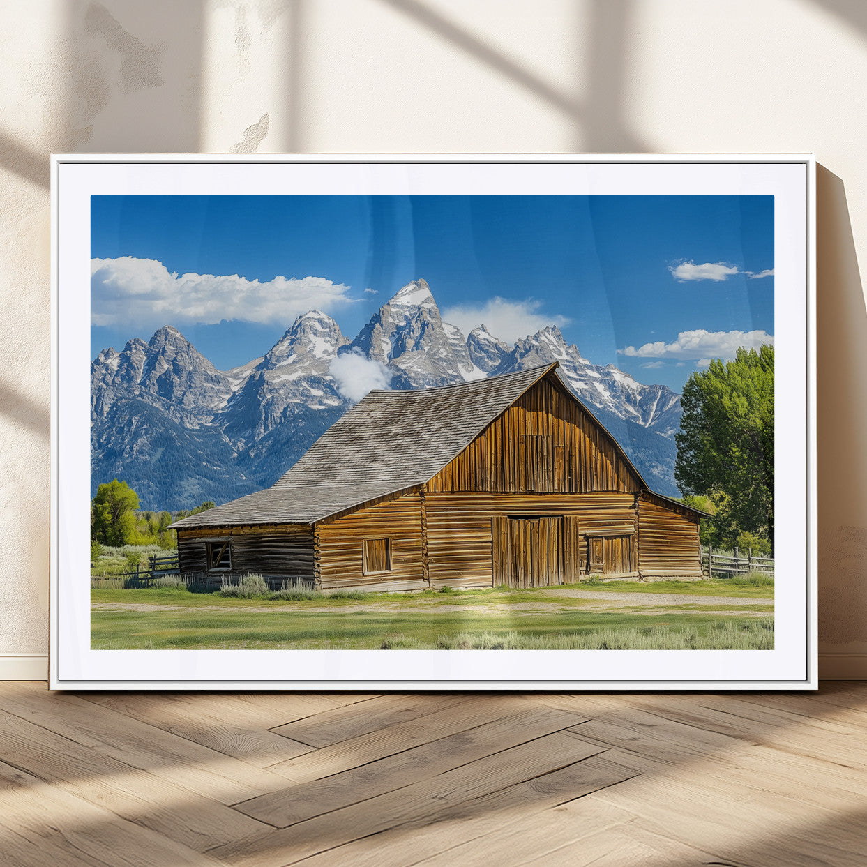 75948467-MGC-FP-36x24_White-Mountain Barn Scene Wall Art Canvas Print, Framed Rustic Farmhouse Style Art Picture Print, Country Cabin Decor Perfect Rustic