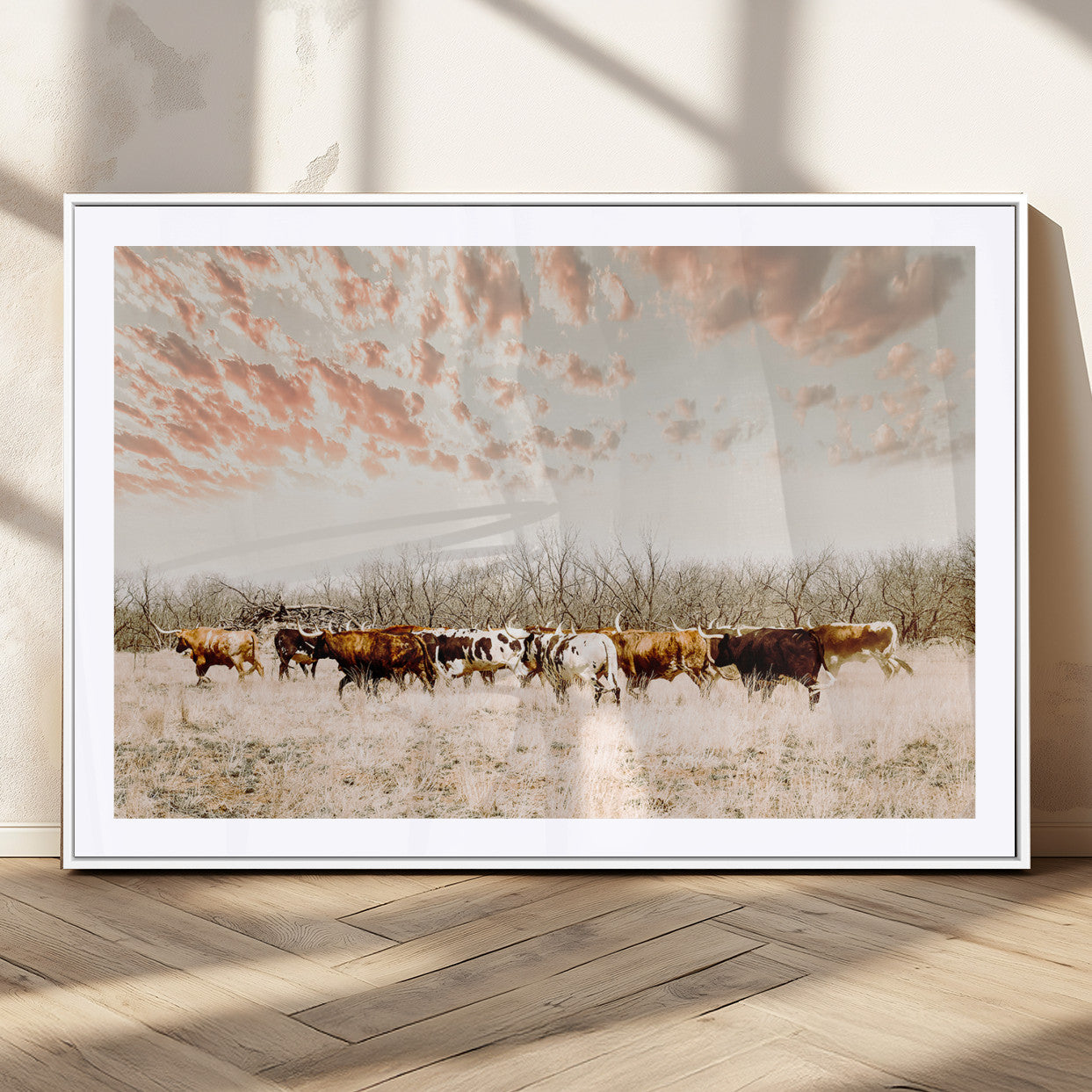 43704663-MGC-FP-36x24_White-Country Cow Herd Wall Art Canvas Print, Framed Farmhouse Cattle Scene Art Picture Print, Rustic Ranch Decor Perfect Rustic