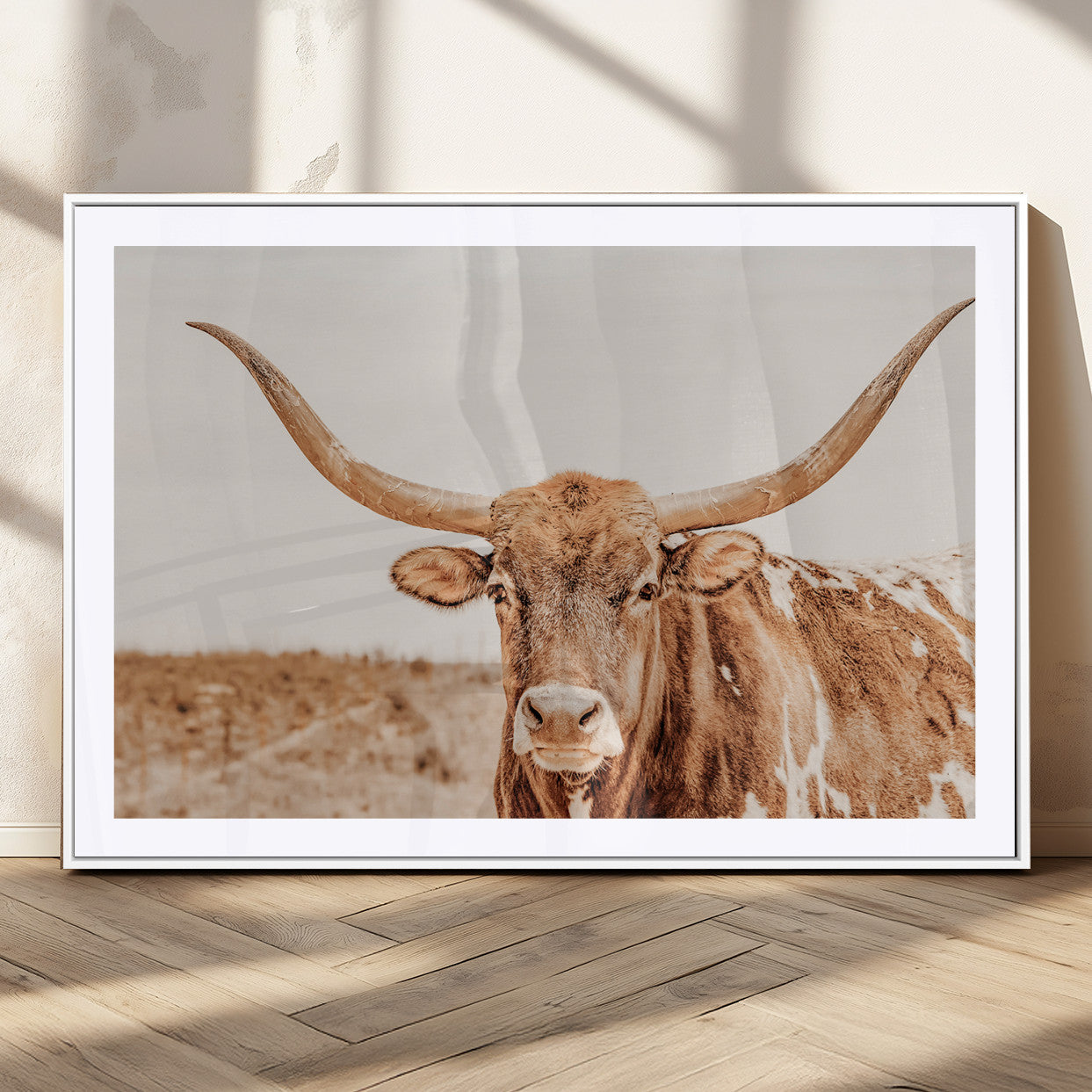 74406977-MGC-FP-36x24_White-Longhorn Bull Decor Wall Art Canvas Print, Framed Western Cow Theme Art Picture Print, Rustic Farmhouse Wall Perfect Neutral