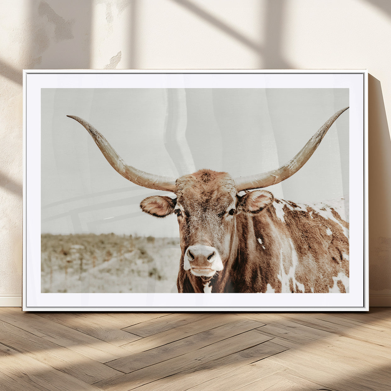 98924580-MGC-FP-36x24_White-Texas Longhorn Bull Wall Art Canvas Print, Framed Rustic Farmhouse Decor Art Picture Print, Western Animal Theme Perfect Rustic