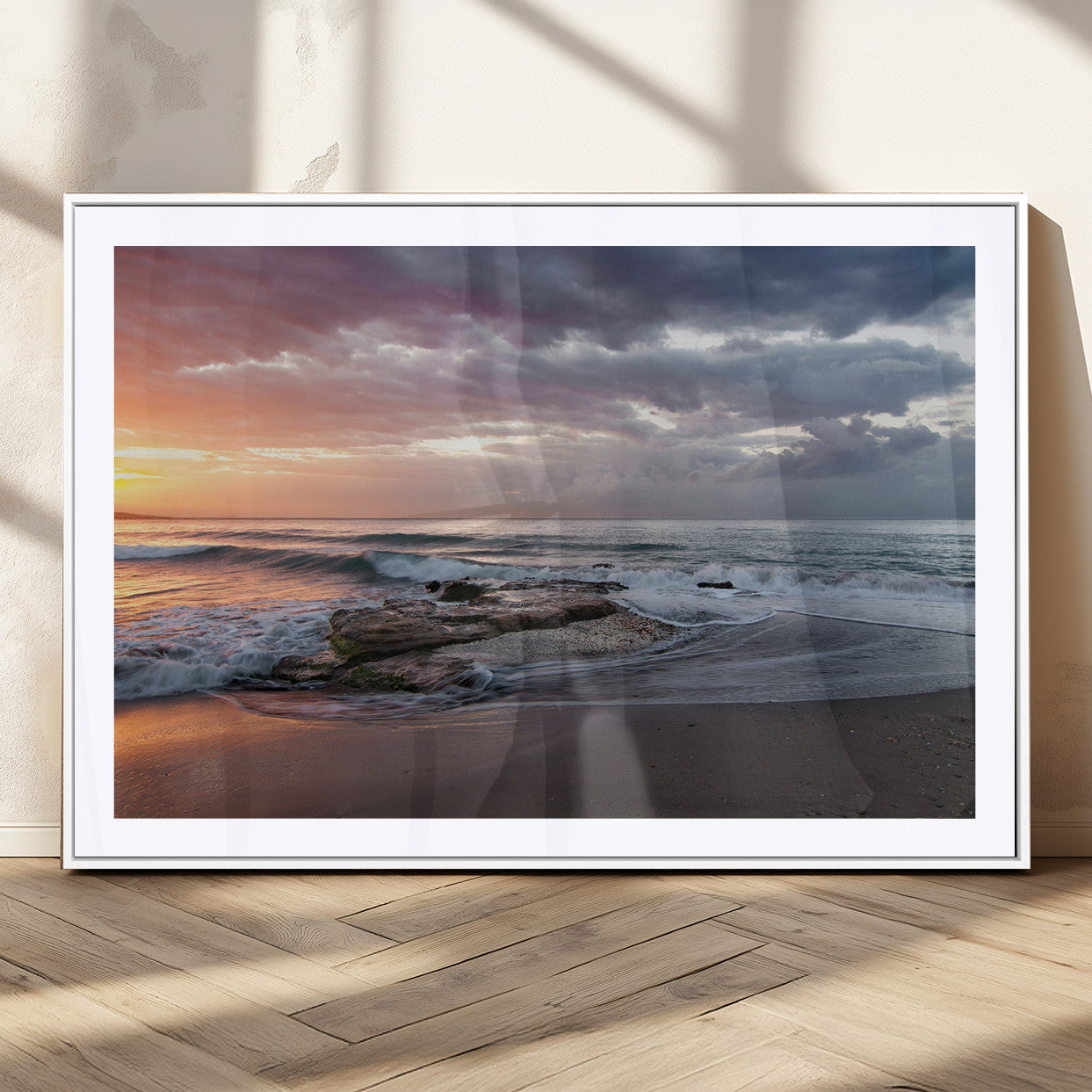 94208089-MGV-CV-36X24-Golden Hour Wall Art Canvas Print, Framed Tranquil Waves Art Picture Print, Beach Horizon Perfect Coastal Serenity Decor Artwork