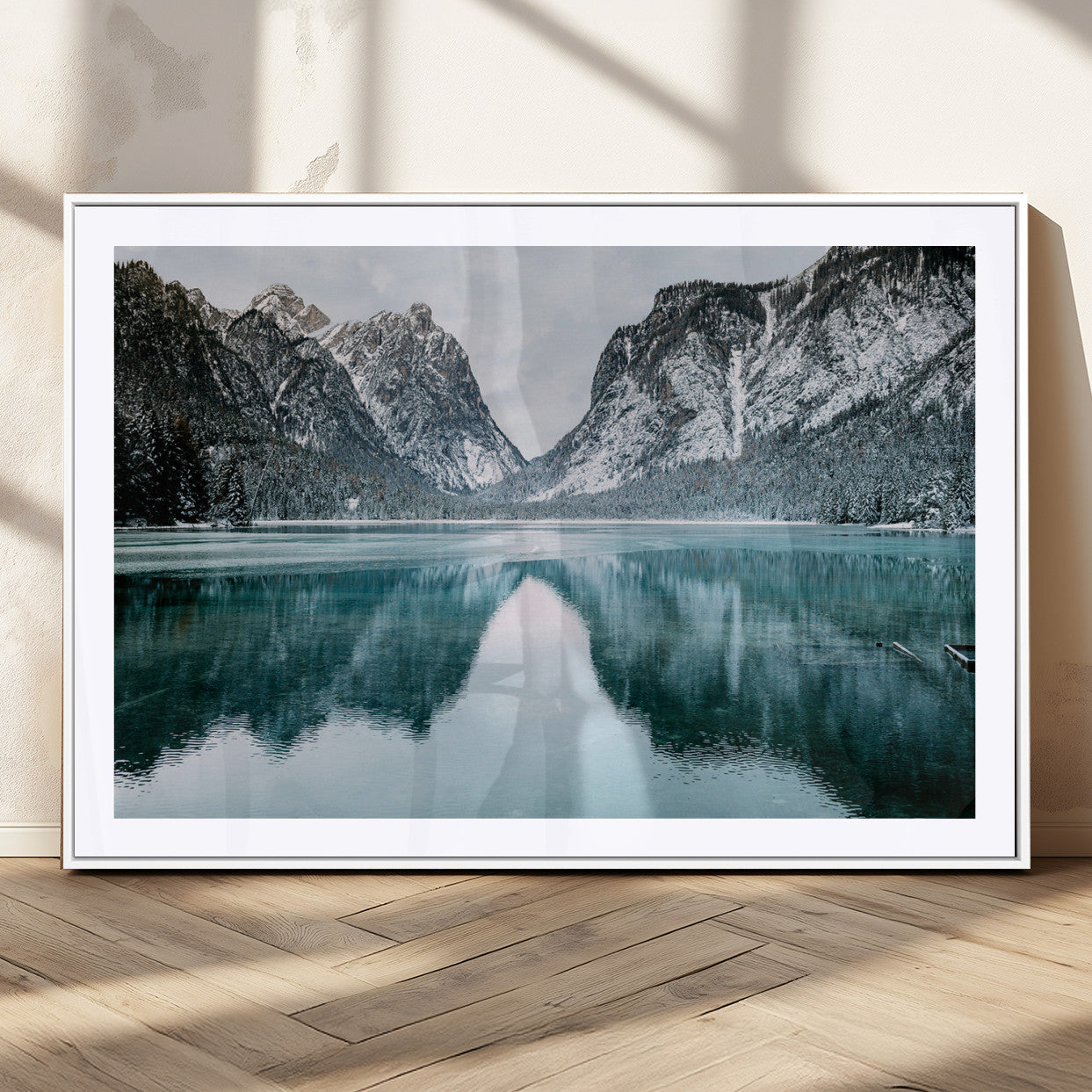 73098373-MGC-FP-36x24_White-Mountain Lake Wall Art Canvas Print, Framed Winter Wonderland Art Picture Print, Snowy Peaks Perfect Modern Nature Decor Artwork