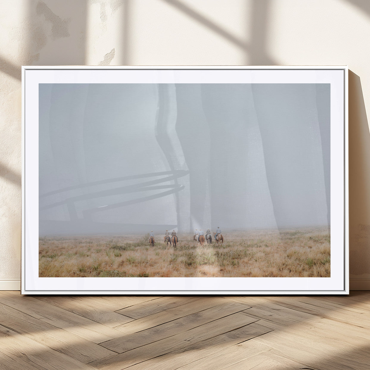14761944-MGV-CV-36X24-Foggy Plains Wall Art Canvas Print, Framed Horseback Riders Art Picture Print, Rustic Western Perfect Rustic Western Decor Artwork