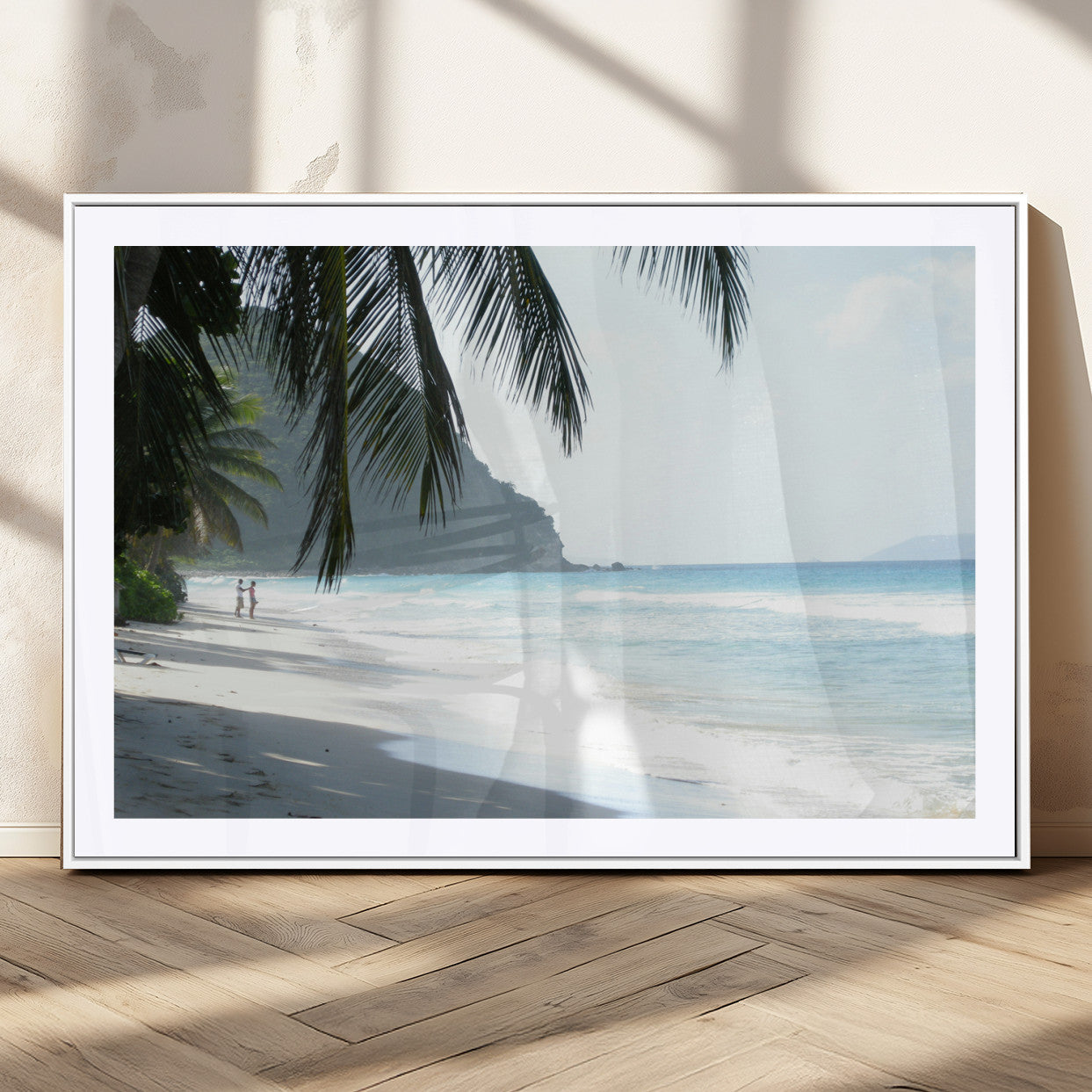18311030-MGV-CV-36X24-Tropical Beach Wall Art Canvas Print, Framed Serene Ocean Art Picture Print, Palm Tree Shadows Perfect Tropical Coastal Decor