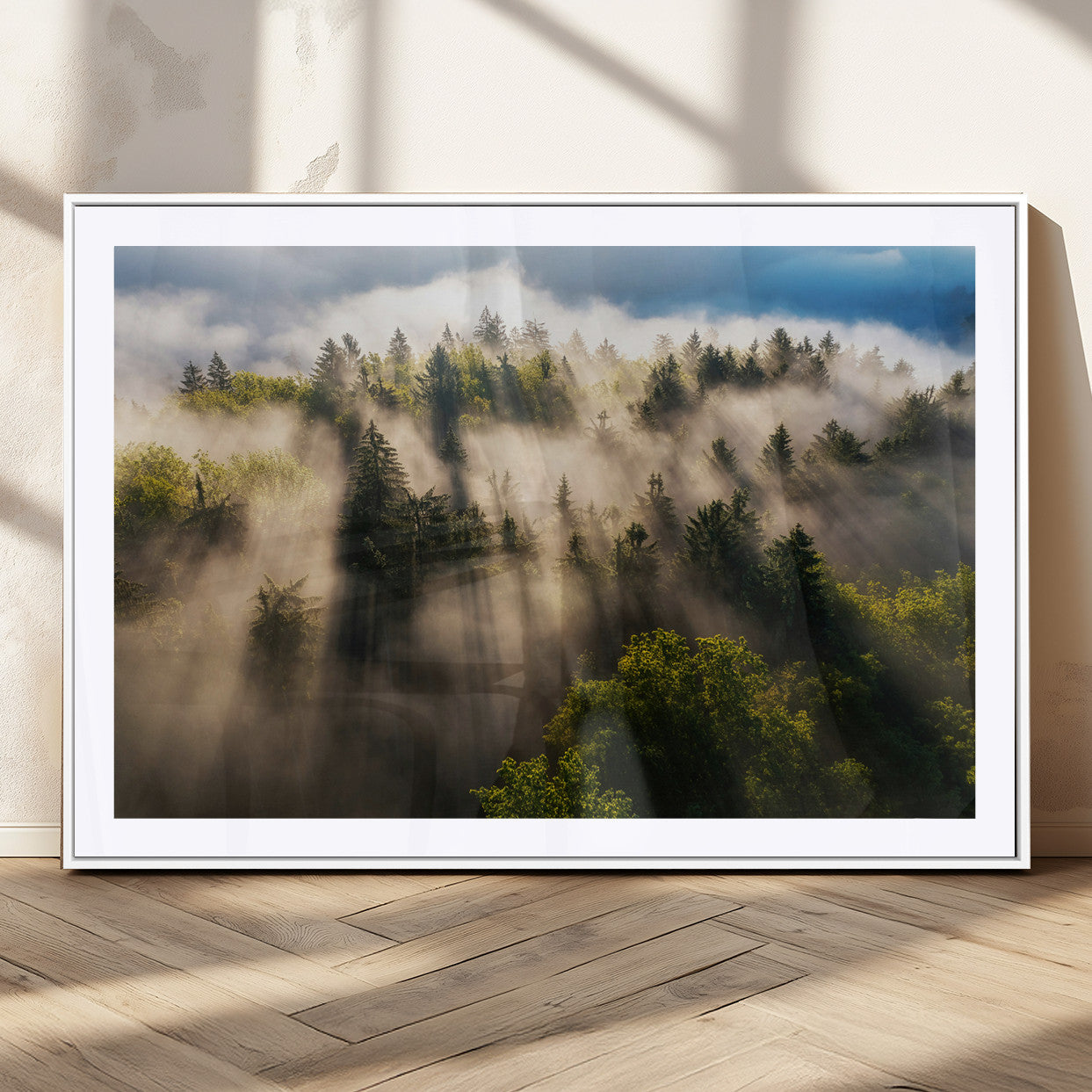 14785710-MGV-CV-36X24-Tranquil Forest Scene Wall Art Canvas Print, Framed Sunbeam Through Trees Art Picture Print, Moody Green Wall Art Perfect