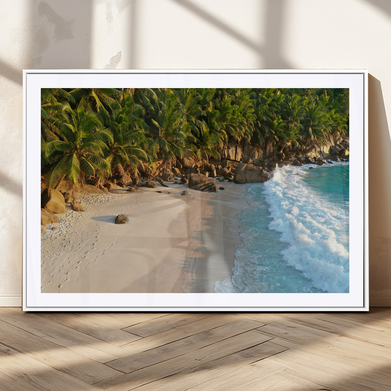 82312665-MGV-CV-36X24-Tropical Beach Wall Art Canvas Print, Framed Ocean Waves Art Picture Print, Palm Trees Perfect Coastal Minimalist Decor Artwork