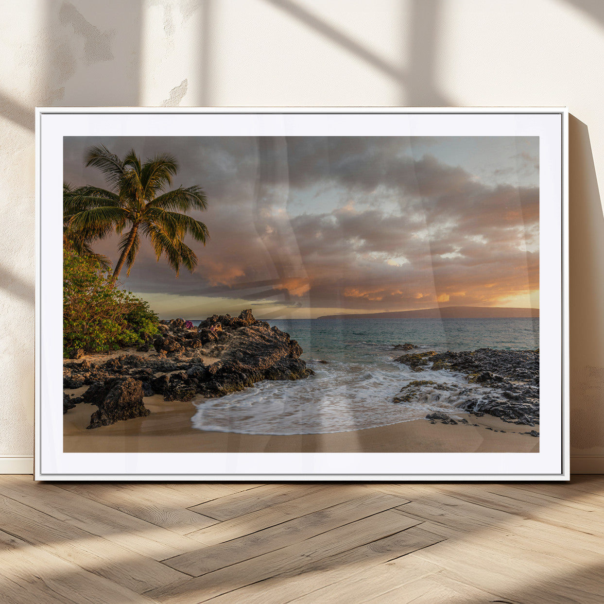 55108220-MGC-FP-36x24_White-Tropical Beach Wall Art Canvas Print, Framed Hawaiian Sunset Art Picture Print, Ocean Waves Perfect Coastal Tropical Decor Artwork