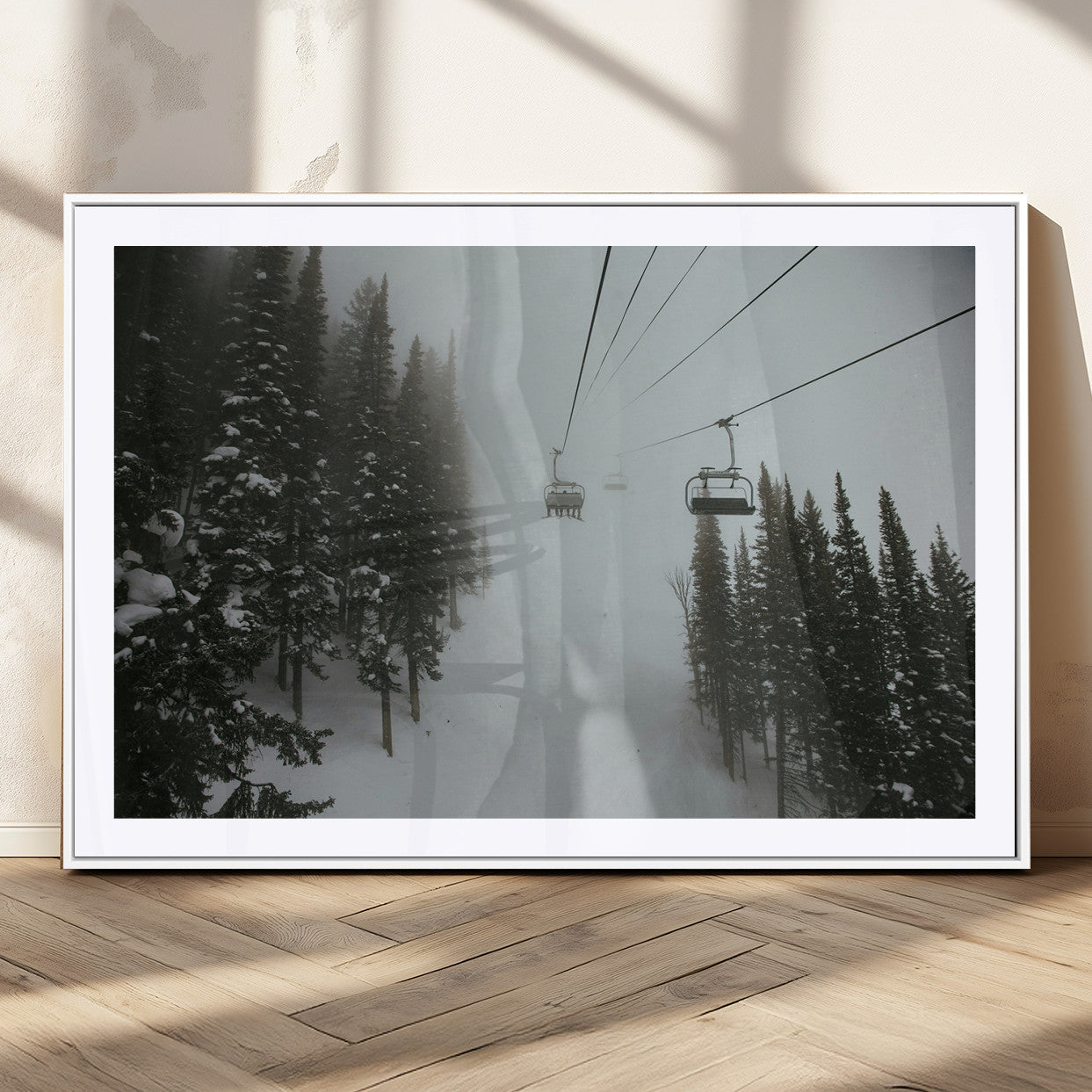87018452-MGC-FP-36x24_White-Ski Lift Wall Art Canvas Print, Framed Snowy Pines Art Picture Print, Misty Landscape Perfect Winter Serenity Decor Artwork