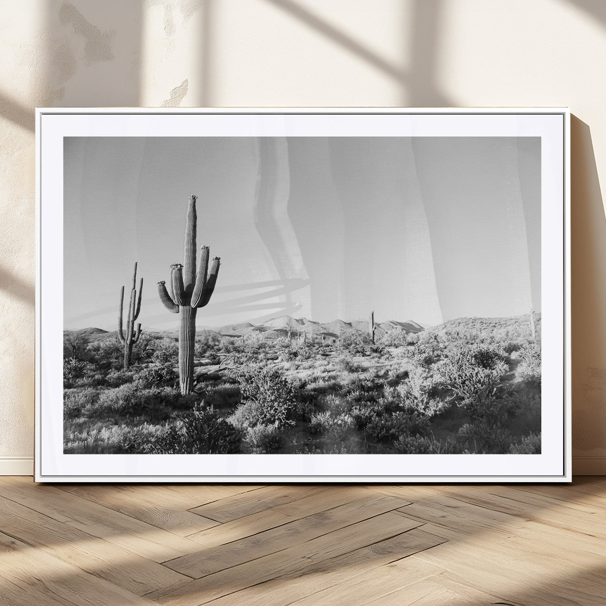 85205054-MGC-FP-36x24_White-Saguaro Cactus Wall Art Canvas Print, Framed Monochrome Landscape Art Picture Print, Scenic Arizona View Perfect Minimalist