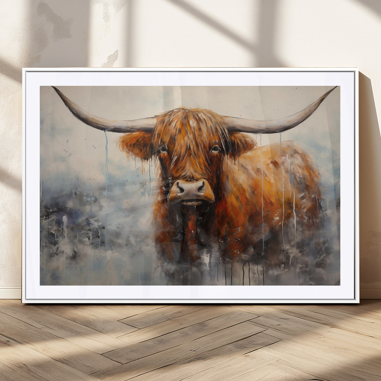 X61001-MGC-FP-36x24_White-Scottish Highland Wall Art Canvas Print, Framed Longhorn Art Picture Print, Western Cow Perfect Farmhouse Decor Artwork