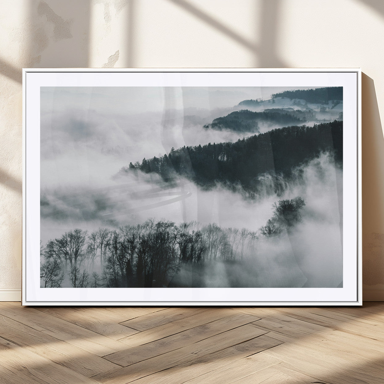 67569654-MGV-CV-36X24-Foggy Forest Wall Art – Mist Covered Hills and Trees Landscape Canvas Print, Moody Nature Photography Decor for Living Room,
