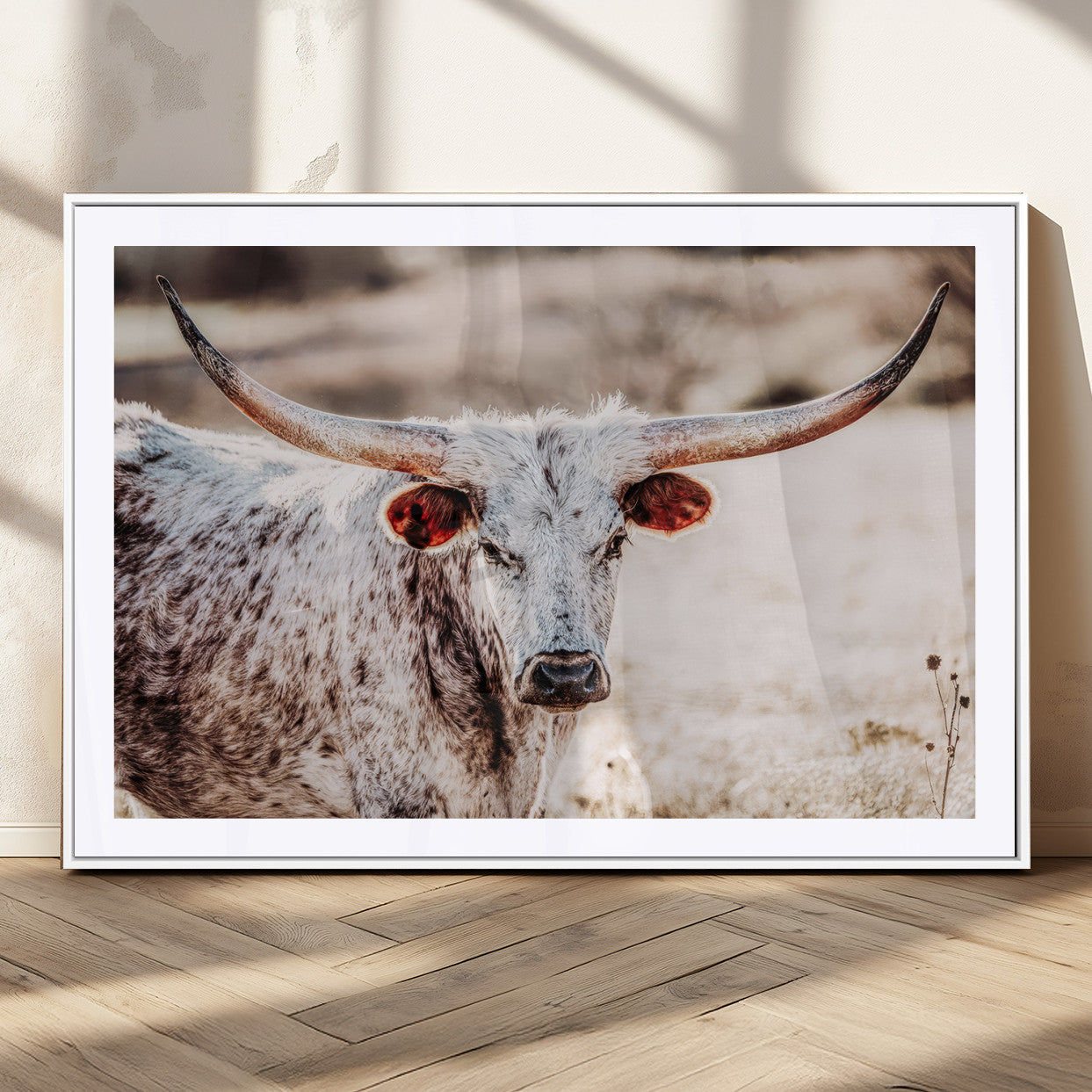 72388892-MGC-FP-36x24_White-Texas Longhorn Wall Art – Rustic Western Canvas Print, Cowboy Style Farmhouse Bull Artwork for Living Room, Ranch, Office or Man