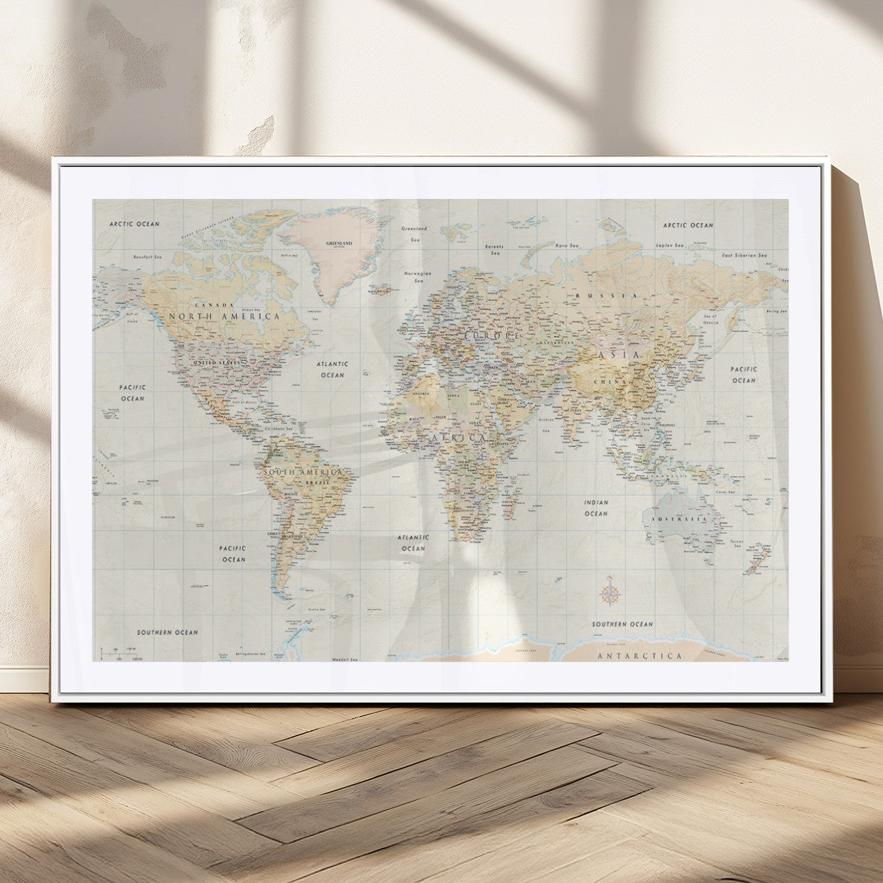 40660043-MGC-FP-36x24_White-World Map Wall Art – Large Detailed Atlas Style Map Print with Countries, Cities, and Oceans, Neutral Beige and Tan Educational