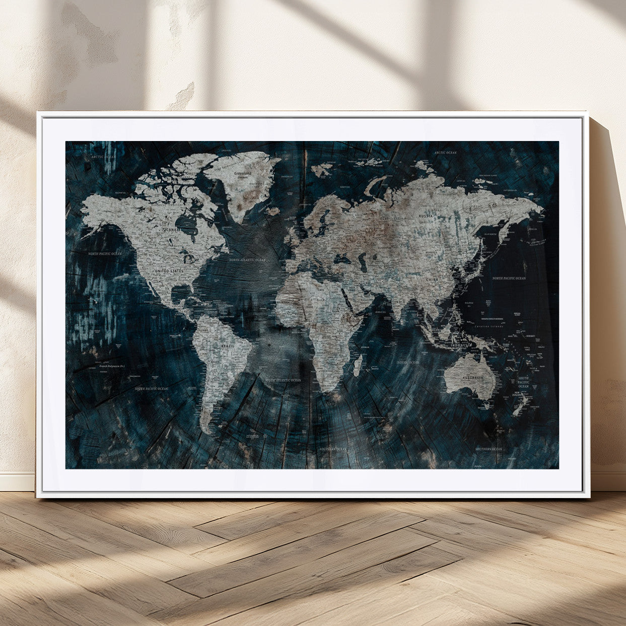 34425609-MGC-FP-36x24_White-World Map Wall Art – Rustic Navy and Grey Atlas Canvas Print, Distressed Explorer Map Artwork, Industrial Style Decor for Office,