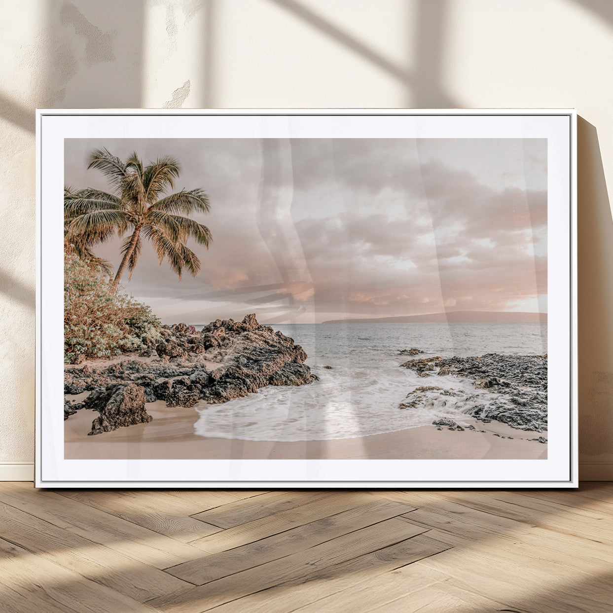 14214613-MGC-FP-36x24_White-Tropical Beach Wall Art – Palm Tree and Ocean Sunset Canvas Print, Relaxing Coastal Landscape Decor for Living Room, Bedroom, or
