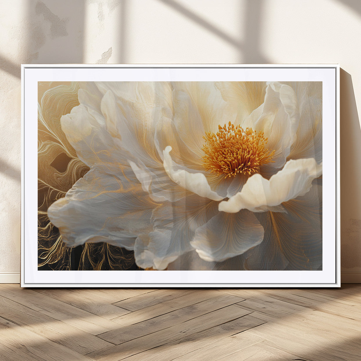 29539087-MGV-CV-36X24-Floral Wall Art – Elegant White and Gold Bloom Canvas Print, Romantic Modern Flower Artwork for Bedroom, Living Room, or Office